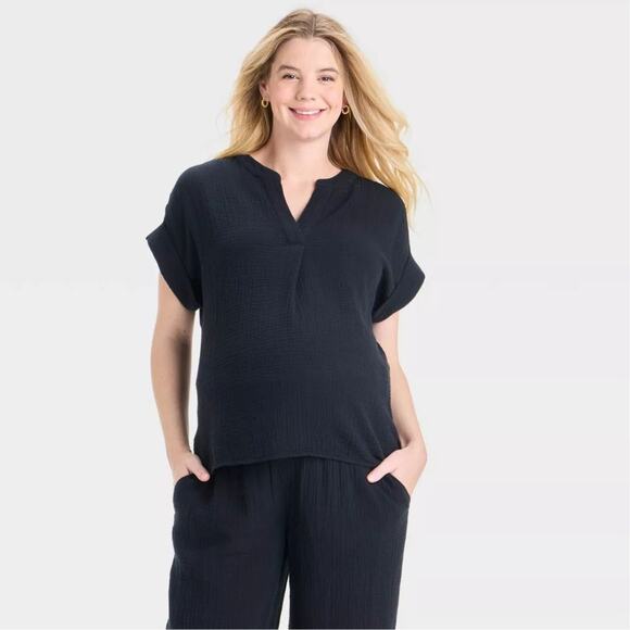 Isabel Maternity Women's Black Short Sleeve V Neck Gauze Blouse Size XS - Picture 1 of 6